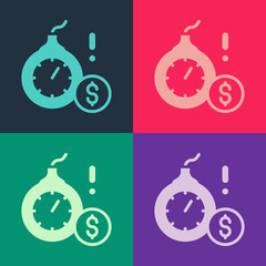 Pop art Bomb with a explosive burning fuse and the dollar currency icon isolated on color background. Economic crisis and business bankruptcy. Vector