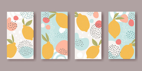 Set of vector vertical banners with abstract ornaments and lemon fruits - 443376465