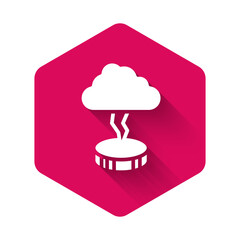 White Storm icon isolated with long shadow background. Cloud and lightning sign. Weather icon of storm. Pink hexagon button. Vector