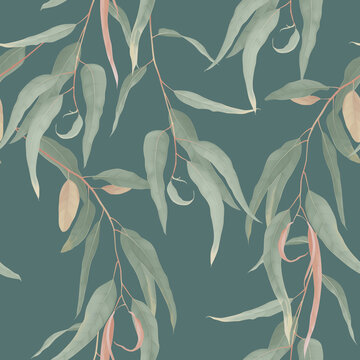 Foliage seamless pattern, green eucalyptus leaves on green