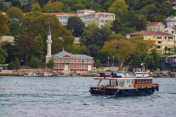 Istanbul city buildings and streets view from water Bosphorus or Golden Horn