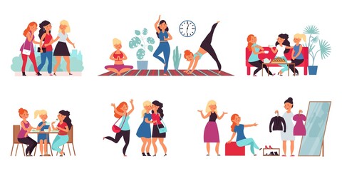 Fototapeta premium Female friends together. Smiling young friend, adult friendship. Happy sisters, women teamwork community. Girls togetherness decent vector set