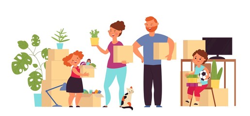 Happy family in new home. Young people move, packaging or cardboard box delivery. Cartoon woman kid moving to apartment decent vector concept
