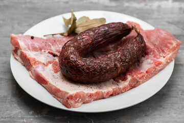 ingredients for portuguese dish green beans, smoked sausage and meat
