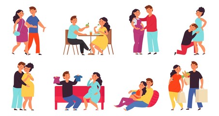 Fototapeta na wymiar Pregnant couple. Men care women, future mother and husband embracing her. Support of pregnancy wife, cartoon maternity parenthood decent vector set