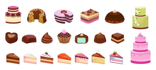 Cartoon sweets. Cake candy chocolate biscuit. Isolated pieces of birthday cakes. Dessert isometric icons, colorful breakfast in cafe or sweet shop vector elements