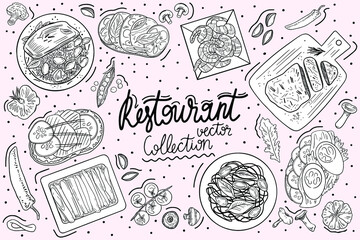 Restaurant vector collection for menu and brochures. Sandwich, onion, pepper, mushrooms, pasta with seafood, veal, egg, tomatto, shrimp,  fish, cooking. Black and white logo.