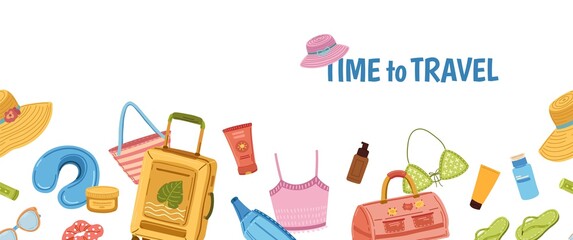 Travel stuff banner. Tourism, tourist luggage and beach bag. Summer vacation seamless border. Ocean sea holidays, season clothes cosmetics and accessories vector background