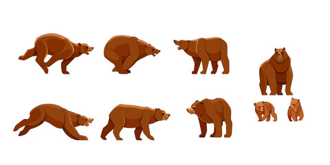 Bear in different poses. Flat vector style set of large bears on white background. Wild forest creature with brown fur. Cartoon character of big mammal animal