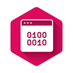 White Binary code icon isolated with long shadow background. Pink hexagon button. Vector