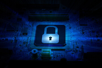 Privacy secure. Network security technology with computer processor chip on digital motherboard...