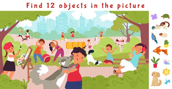 Hidden objects puzzle game. Find object, children lifestyle in park. Fit kids, resting on nature with puppy. Funny brain teaser decent vector picture