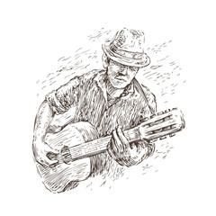 Man playing guitar. Live music, jazz festival concept in sketch vintage style