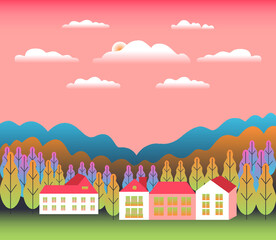 Minimal landscape village, mountains, hills, trees, forest. Rural valley scene. Farm countryside with house, building in flat style design. Red green pastel gradient colors. Cartoon background vector