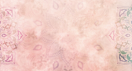 Soft, earthy orange, coral pastel watercolour background with mandalas - textured banner, stationery
