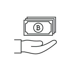 Money on hand. Payment with bitcoin. Income, salary, donation icon line style isolated on white background. Vector illustration