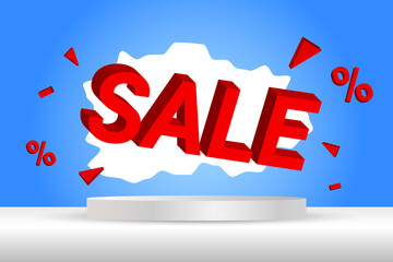3D Sale Text Banner Template Design Background With White Stage. Studio. Vector Illustration