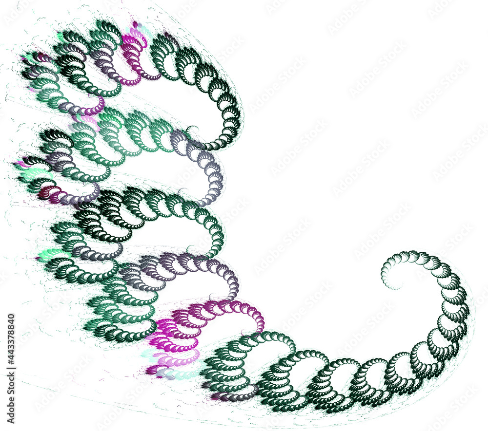 Poster green, magenta and black spirals create a pattern on a white background and are folded into a large 