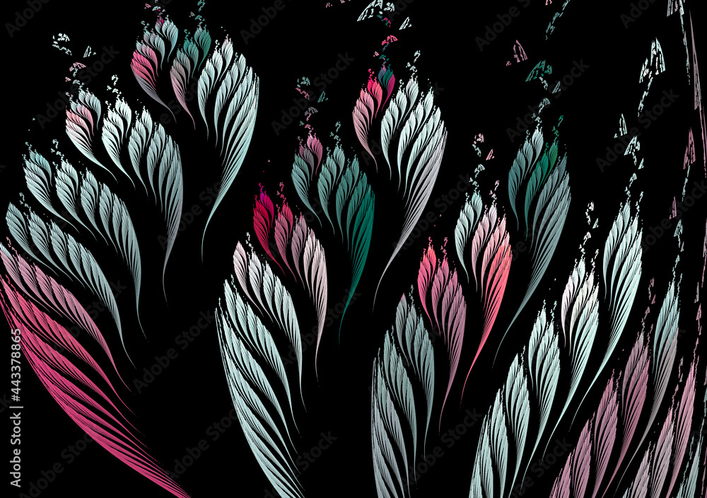 Poster beautiful wavy leaves are arranged in rows and create a pattern on a black background. abstract frac
