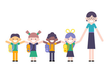 Сlassmates and teacher. Girls, boys and their teacher. Learning, education, school, children's friendship, teamwork. Children and teacher