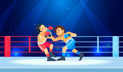 A young fighter or boxer loses and gets hit in the face by a knockdown or knockout in the boxing ring during a fight. Cartoon character, flat vector style illustration - obrazy, fototapety, plakaty