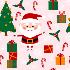 Seamless Christmas pattern vector illustration, Santa Claus, Christmas tree, gift box, sweets. Holiday design winter symbols