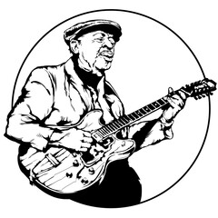 Old bluesman is playing on electric guitar