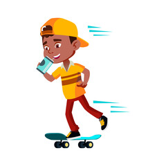 Boy Riding Skateboard And Drinking Drink Vector. African Preteen Child Skateboarding And Drinking Soda Water From Metallic Bottle. Character Kid Refreshment Flat Cartoon Illustration