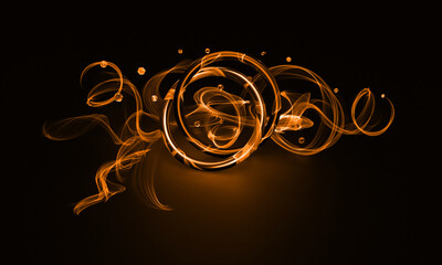 3d render of the illustration. Magical purple glossy rings with lines of smoke and light. Dark, black background. Abstract on the topic of wedding rings and magic. Crystals, diamonds all around.