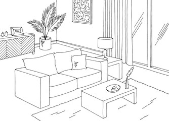 Living room graphic black white home interior sketch illustration vector 
