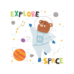 Cute vector poster for children with space concept. Flying bear in space suit, planet and constellation. 