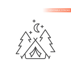Fototapeta premium Tent with trees and moon line vector icon. Camping outline, editable stroke.