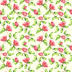 Watercolor pink flowers and branches with green leaves seamless pattern. Wild rose print on creme color background. Ornate design for textile, wallpaper, fabric, wrapping paper and decoration.