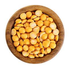 Yellow split peas in a wooden bowl isolated on white background. With clipping path.