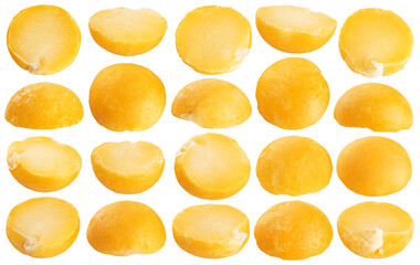 Yellow split peas isolated on white background. Collection with clipping path.