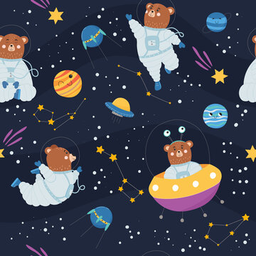Seamless pattern with cute bear in space suit, UFO, planets, satellites and stars. Great for nursery and children.