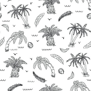 Tropical seamless pattern with exotic palms and leaves. Vector forest landscape