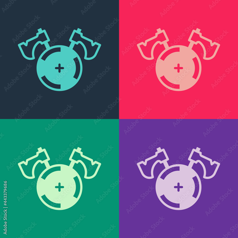 Poster pop art medieval shield with crossed axes icon isolated on color background. battle axe, executioner