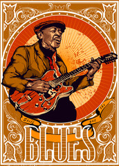 The old bluesman is playing on guitar