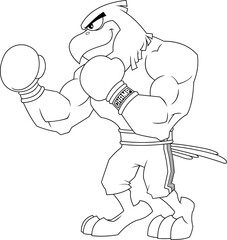 Outlined Boxer Eagle Cartoon Character In Boxing Gloves Standing. Vector Hand Drawn Illustration Isolated On Transparent Background