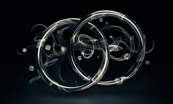 3d render of the illustration. Magic glossy rings with lines of smoke and light. Dark, black background. Abstract on the topic of wedding rings and magic. Crystals, diamonds all around.