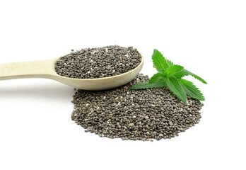 Chia seeds in wooden spoon and green chia leaves on white background, isolate