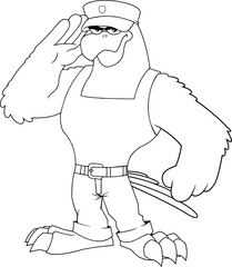 Outlined Strong Eagle Soldier Cartoon Character Salute. Vector Hand Drawn Illustration Isolated On Transparent Background