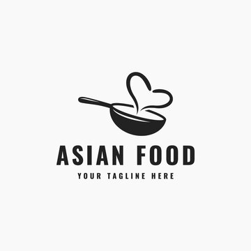 asian food logo design with rustic wok icon silhouette and heart shape smoke symbol combination