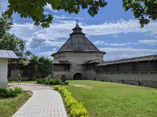 old castle in the village of the country pskov russia ancient tower bricks wall