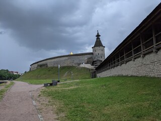 old castle in the village of the country pskov russia ancient tower bricks wall