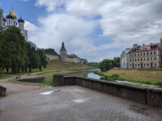 old castle in the village of the country pskov russia ancient tower bricks wall town