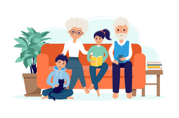Grandparents with grandchildren on the couch. An elderly woman and a man with children and a cat spend time together. A happy family. Vector illustration in flat style