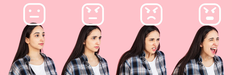Evolution of emotions. Caucasian young woman's portrait on pink studio background. Concept of human emotions, facial expression, youth, sales, ad.