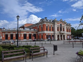 view of the town opera theatre old ancient pskov russia buildings - obrazy, fototapety, plakaty